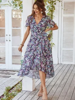 Floral Wrap Midi Dress for Women - Short Ruffle Sleeve High-Low Printed Dress - Summer Garden Wedding Guest Wear 2026