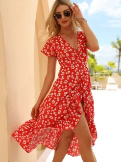 Floral Wrap Midi Dress for Women - Short Sleeve Ruffle Hem High-Low - Summer Beach Wedding Guest Outfit 2026