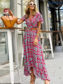 Floral Wrap V Neck Maxi Dress for Women - Boho Flutter Sleeve Ruffle Hem Long Dress - Summer Beach Vacation 2026