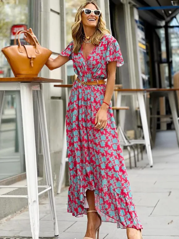 Floral Wrap V Neck Maxi Dress for Women - Boho Flutter Sleeve Ruffle Hem Long Dress - Summer Beach Vacation 2026