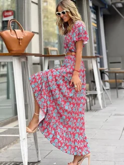 Floral Wrap V Neck Maxi Dress for Women - Boho Flutter Sleeve Ruffle Hem Long Dress - Summer Beach Vacation 2026