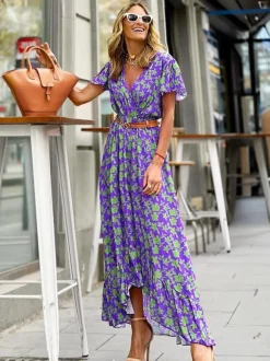 Floral Wrap V Neck Maxi Dress for Women - Boho Flutter Sleeve Ruffle Hem Long Dress - Summer Beach Vacation 2026