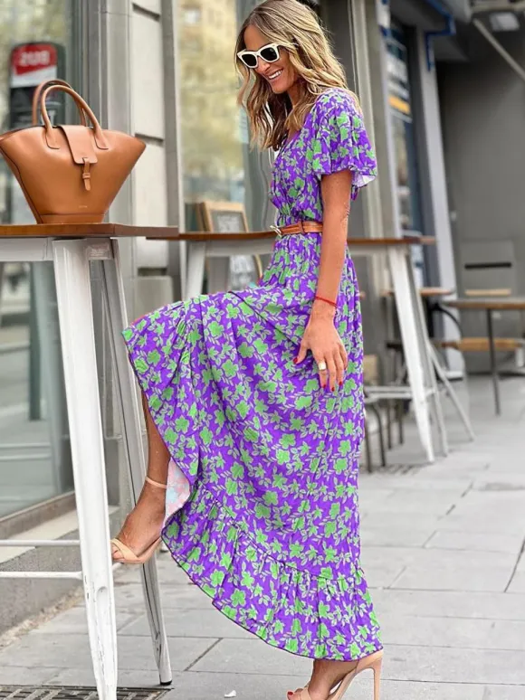 Floral Wrap V Neck Maxi Dress for Women - Boho Flutter Sleeve Ruffle Hem Long Dress - Summer Beach Vacation 2026