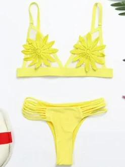 Flower Embroidery Bras With Thong Bottom Sexy Two Pieces Bikini Swimsuit In White