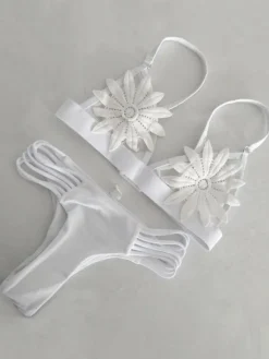 Flower Embroidery Bras With Thong Bottom Sexy Two Pieces Bikini Swimsuit In White