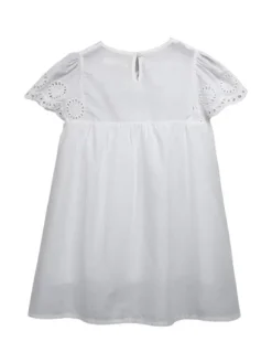 Flower Girl Dress Cotton Cut Out Designed Neckline Short Sleeves White