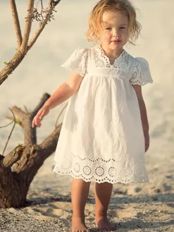 Flower Girl Dress Cotton Cut Out Designed Neckline Short Sleeves White