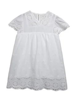 Flower Girl Dress Cotton Cut Out Designed Neckline Short Sleeves White
