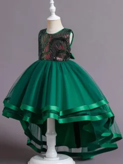 Flower Girl Dress Cotton Sequins Jewel Neck Sleeveless Green