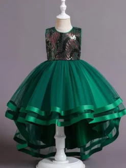 Flower Girl Dress Cotton Sequins Jewel Neck Sleeveless Green