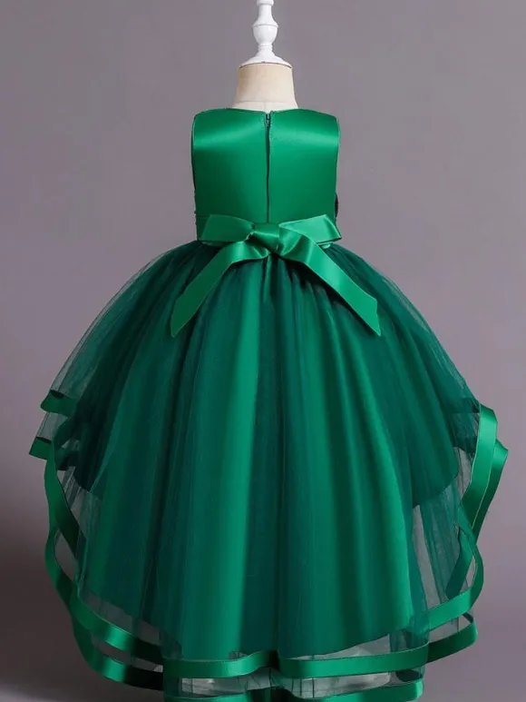 Flower Girl Dress Cotton Sequins Jewel Neck Sleeveless Green