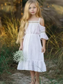 Flower Girl Dress Cut Out Designed Neckline Short Sleeves White