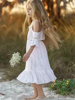 Flower Girl Dress Cut Out Designed Neckline Short Sleeves White