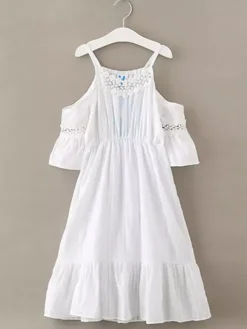 Flower Girl Dress Cut Out Designed Neckline Short Sleeves White