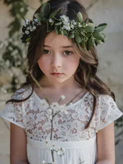 Flower Girl Dress Lace Jewel Neck Short Sleeves Ivory