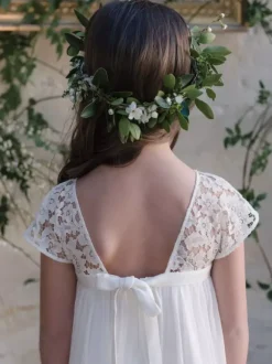 Flower Girl Dress Lace Jewel Neck Short Sleeves Ivory