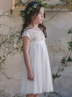Flower Girl Dress Lace Jewel Neck Short Sleeves Ivory