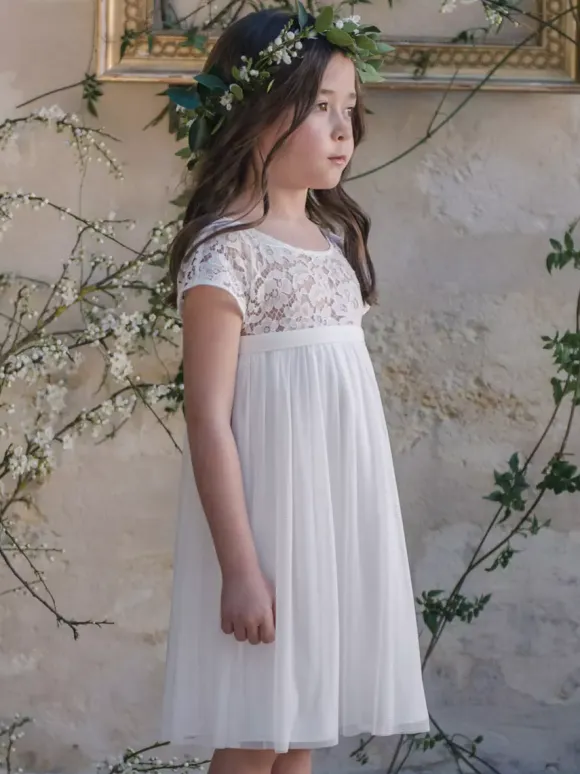 Flower Girl Dress Lace Jewel Neck Short Sleeves Ivory
