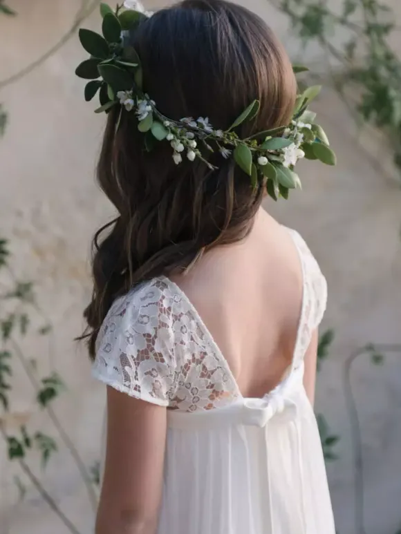 Flower Girl Dress Lace Jewel Neck Short Sleeves Ivory