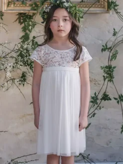 Flower Girl Dress Lace Jewel Neck Short Sleeves Ivory