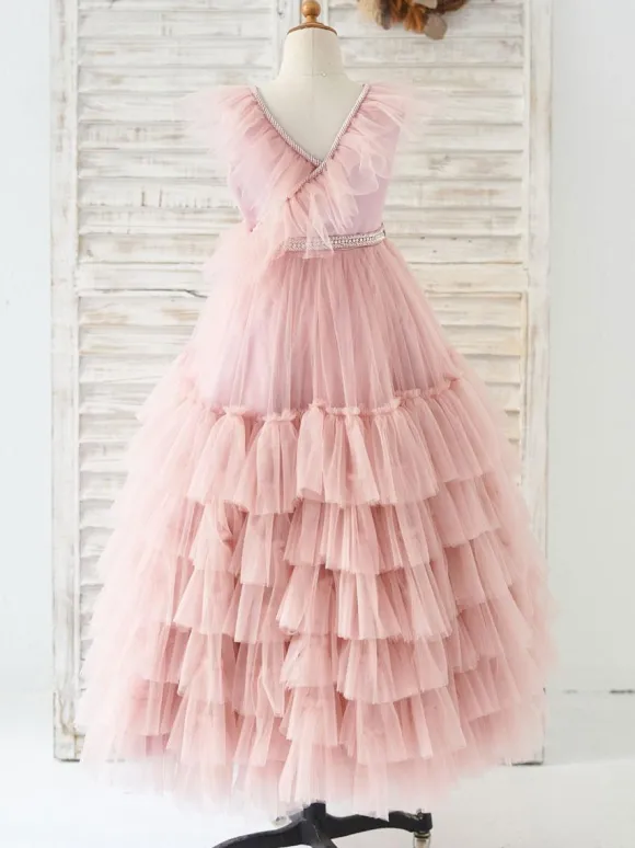 Flower Girl Dress Tulle Beaded V-Neck Sleeveless Lotus Pink Free Customization