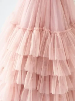 Flower Girl Dress Tulle Beaded V-Neck Sleeveless Lotus Pink Free Customization
