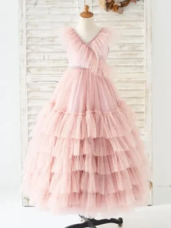 Flower Girl Dress Tulle Beaded V-Neck Sleeveless Lotus Pink Free Customization