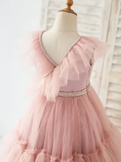 Flower Girl Dress Tulle Beaded V-Neck Sleeveless Lotus Pink Free Customization