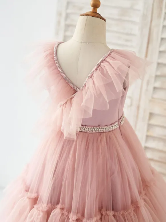 Flower Girl Dress Tulle Beaded V-Neck Sleeveless Lotus Pink Free Customization