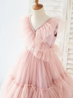 Flower Girl Dress Tulle Beaded V-Neck Sleeveless Lotus Pink Free Customization