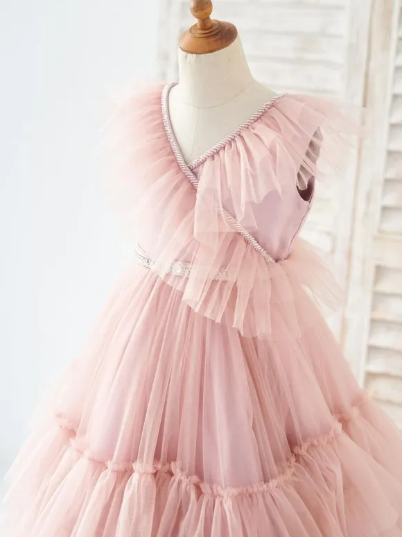 Flower Girl Dress Tulle Beaded V-Neck Sleeveless Lotus Pink Free Customization