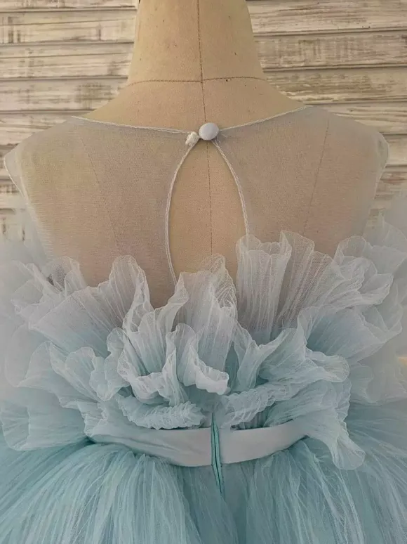 Flower Girl Dress Tulle Bows Jewel Neck Sleeveless Blue Free Customization