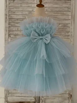 Flower Girl Dress Tulle Bows Jewel Neck Sleeveless Blue Free Customization