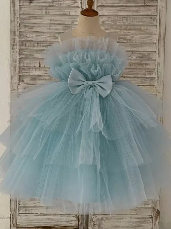 Flower Girl Dress Tulle Bows Jewel Neck Sleeveless Blue Free Customization