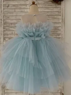 Flower Girl Dress Tulle Bows Jewel Neck Sleeveless Blue Free Customization