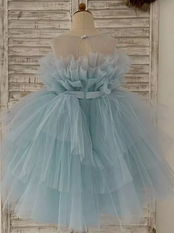 Flower Girl Dress Tulle Bows Jewel Neck Sleeveless Blue Free Customization