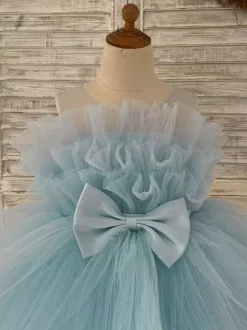 Flower Girl Dress Tulle Bows Jewel Neck Sleeveless Blue Free Customization