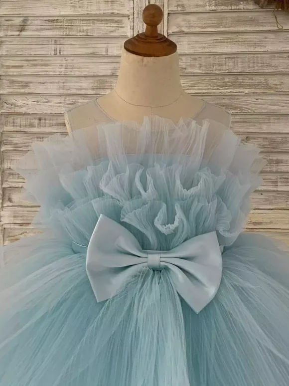 Flower Girl Dress Tulle Bows Jewel Neck Sleeveless Blue Free Customization