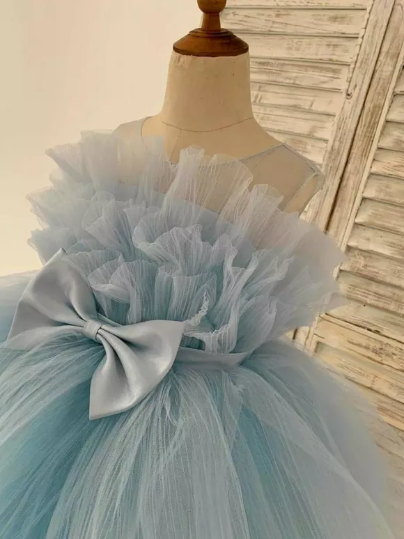 Flower Girl Dress Tulle Bows Jewel Neck Sleeveless Blue Free Customization