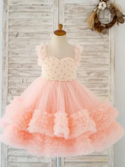 Flower Girl Dress Tulle Pearls Jewel Neck Sleeveless Pink Free Customization