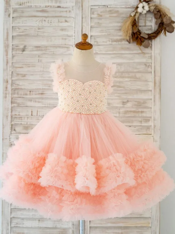 Flower Girl Dress Tulle Pearls Jewel Neck Sleeveless Pink Free Customization