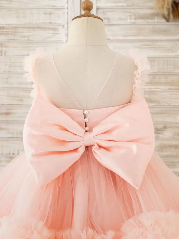 Flower Girl Dress Tulle Pearls Jewel Neck Sleeveless Pink Free Customization