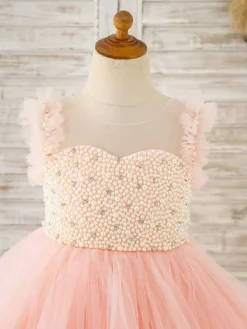 Flower Girl Dress Tulle Pearls Jewel Neck Sleeveless Pink Free Customization