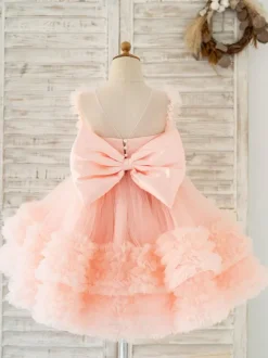 Flower Girl Dress Tulle Pearls Jewel Neck Sleeveless Pink Free Customization