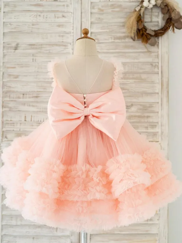 Flower Girl Dress Tulle Pearls Jewel Neck Sleeveless Pink Free Customization