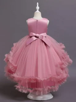 Flower Girl Dresses A-Line Jewel Neck Sleeveless Red Bows Sequined Tulle Cotton Kids Social Party Dresses Princess Dress