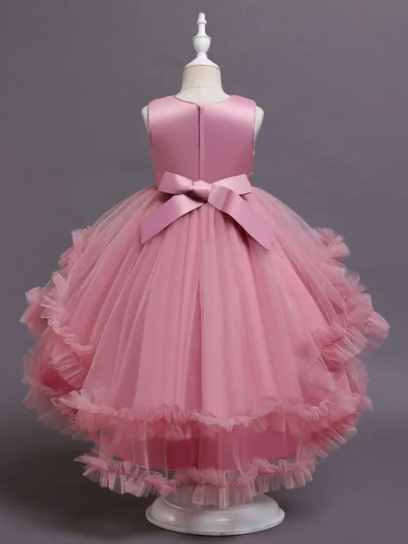 Flower Girl Dresses A-Line Jewel Neck Sleeveless Red Bows Sequined Tulle Cotton Kids Social Party Dresses Princess Dress