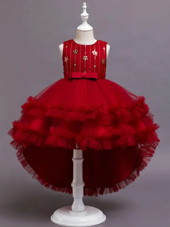 Flower Girl Dresses A-Line Jewel Neck Sleeveless Red Bows Sequined Tulle Cotton Kids Social Party Dresses Princess Dress