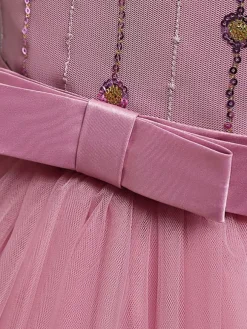 Flower Girl Dresses A-Line Jewel Neck Sleeveless Red Bows Sequined Tulle Cotton Kids Social Party Dresses Princess Dress