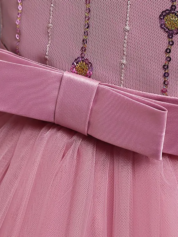 Flower Girl Dresses A-Line Jewel Neck Sleeveless Red Bows Sequined Tulle Cotton Kids Social Party Dresses Princess Dress
